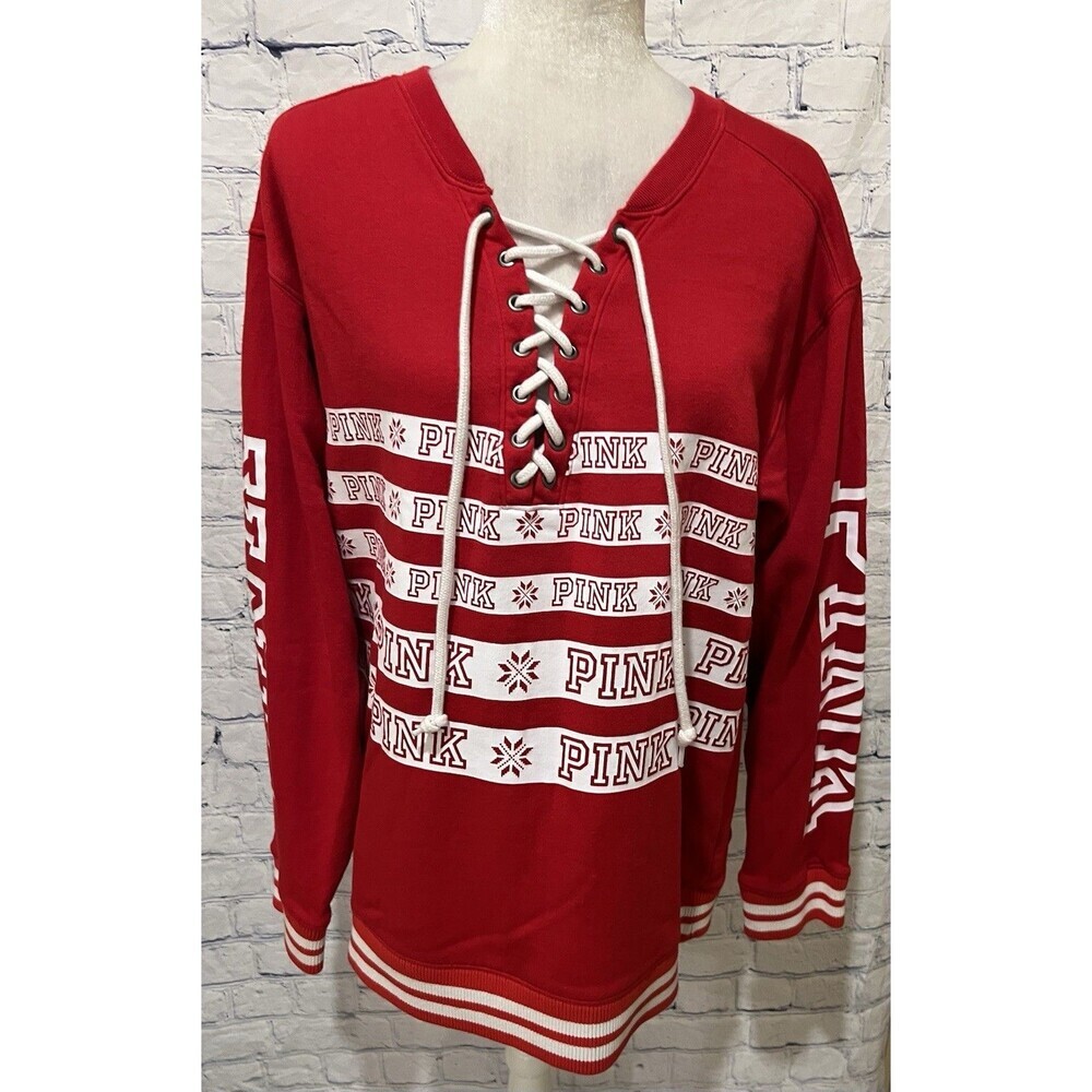 PINK by Victoria’s Secret Red Lace Up Sweatshirt Top Snowflakes Ski Winter Large - Picture 2 of 7